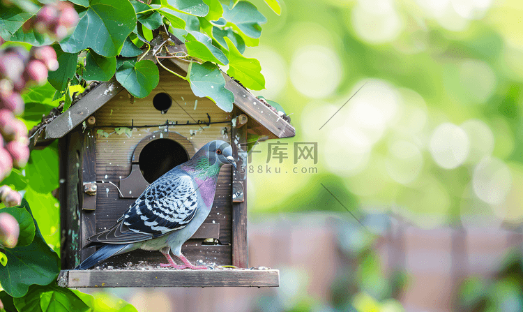 鸽子坐在鸟舍或喂鸟器上老房子花