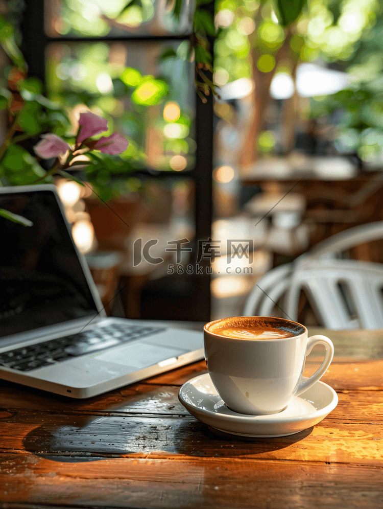 咖啡店商业概念中木桌上的咖啡杯