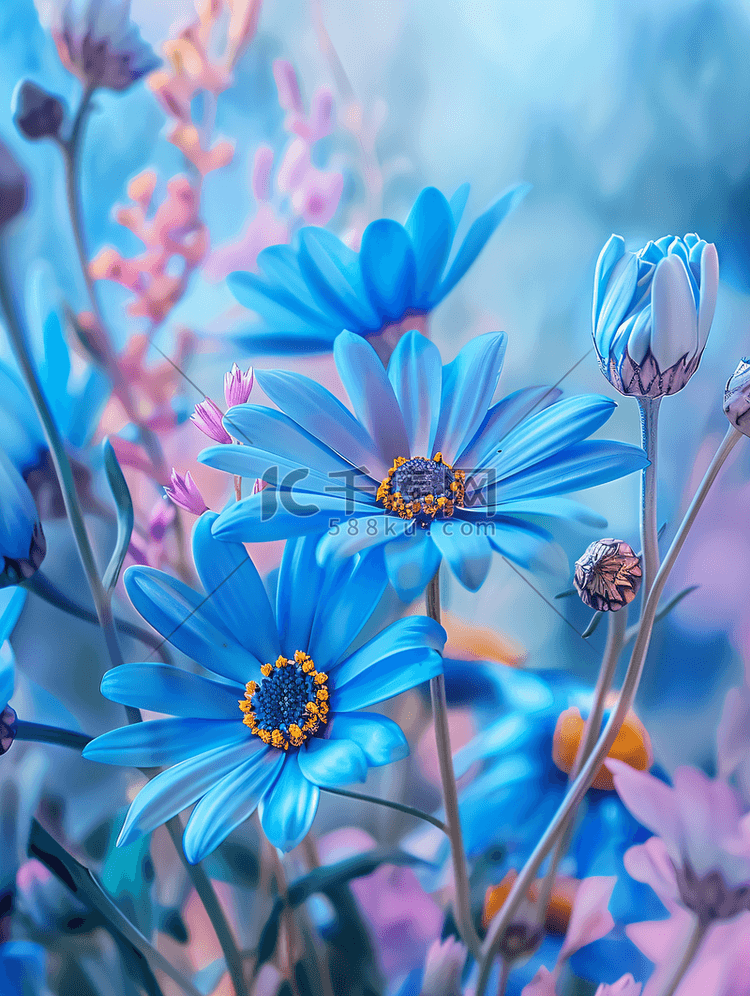 夏日风景色彩鲜艳的蓝色雏菊花