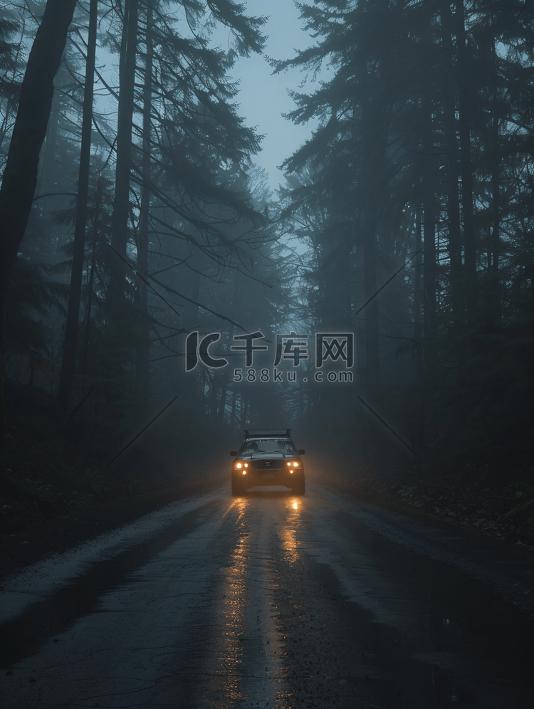 汽车在黑暗和有雾的森林道路上行