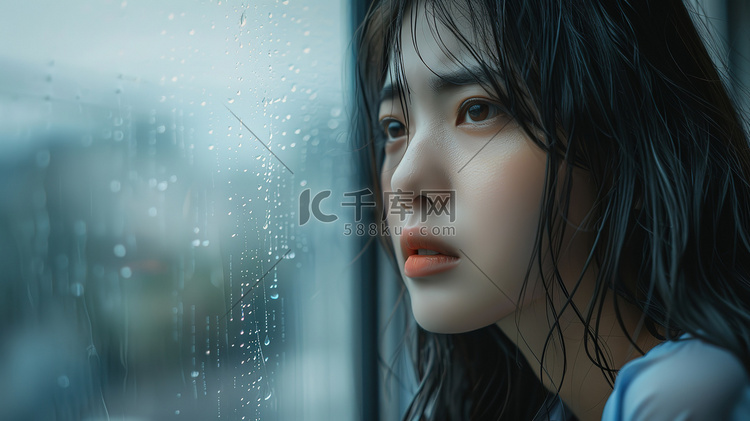 雨天孤独和失落美女人像摄影配图