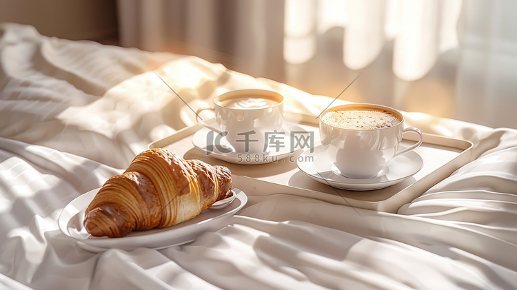 酒店房间的床上的早餐图片
