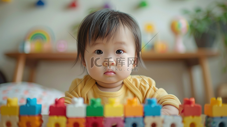 婴儿在玩积木玩具高清摄影图