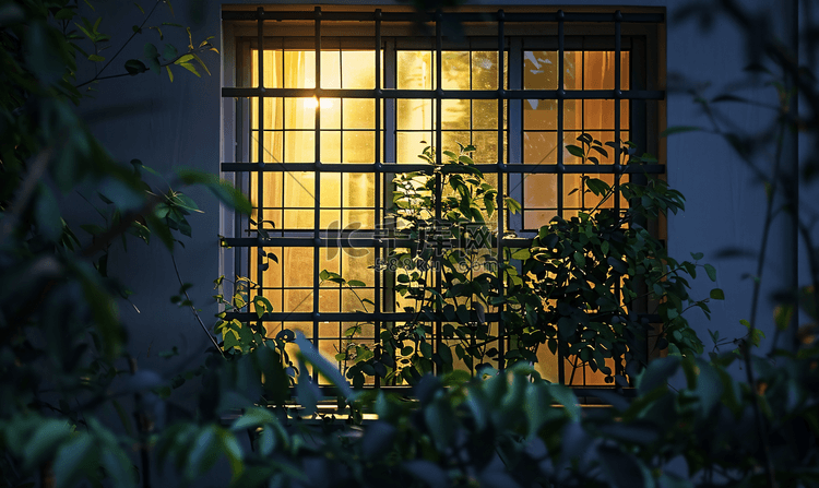 晚上建筑物的窗户晚上窗户上的格