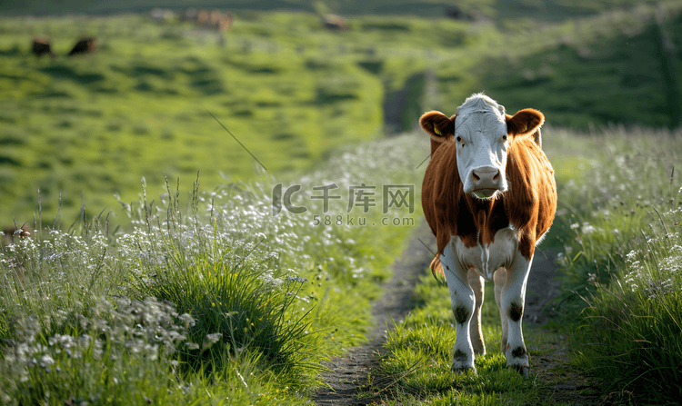 人行道附近田野上的红白牛
