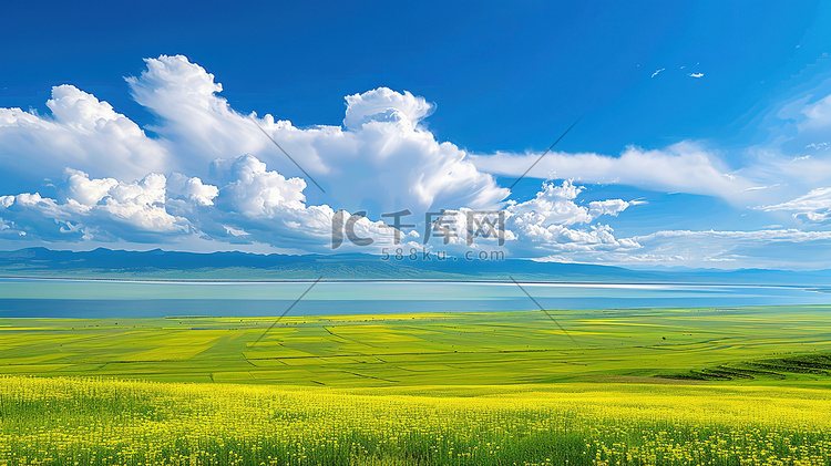 辽阔青海湖的油菜花海照片
