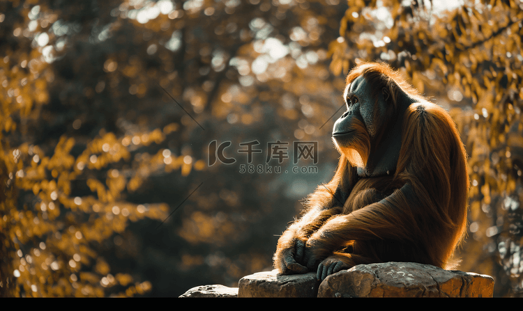 一只猩猩坐在岩石上躲避阳光