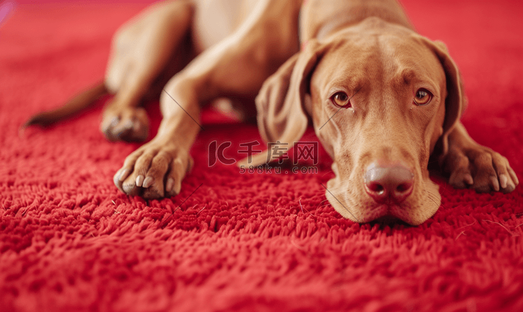 匈牙利维兹拉狗躺在红地毯上