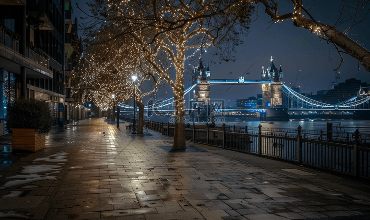 伦敦的夜晚有城市建筑和塔桥