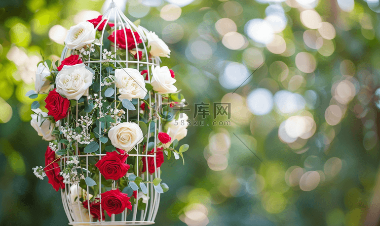 户外装饰鸟笼红色和白色玫瑰的婚