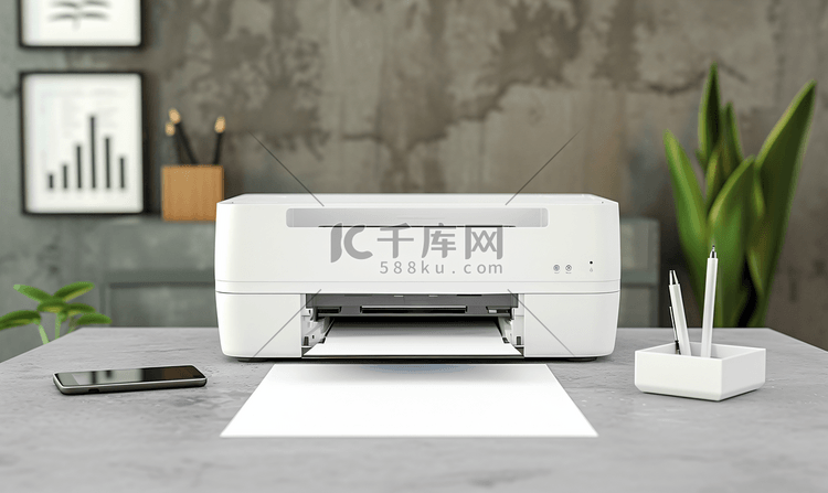 办公桌上有空白纸张的喷墨打印机