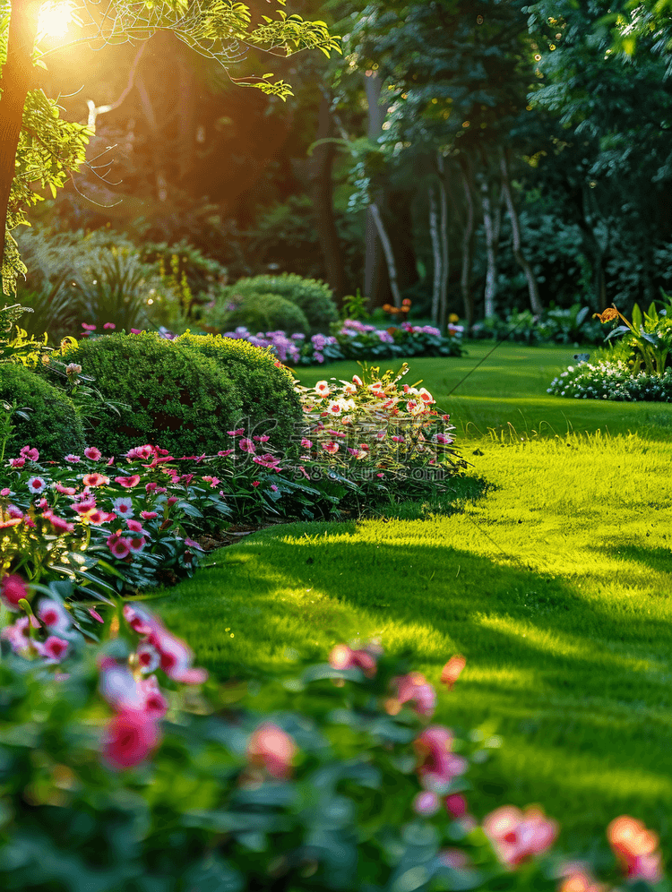 夏季花园中的花坛和绿色草坪