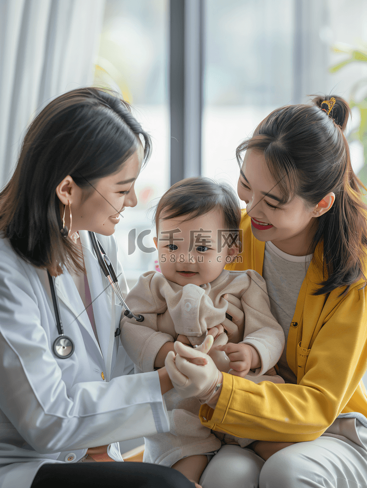 门诊部治疗亚洲年轻妈妈带着孩子
