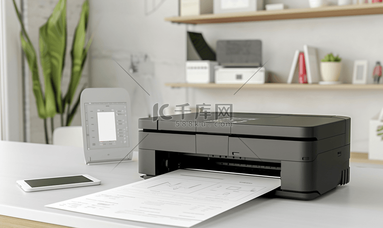 办公桌上有空白纸张的喷墨打印机