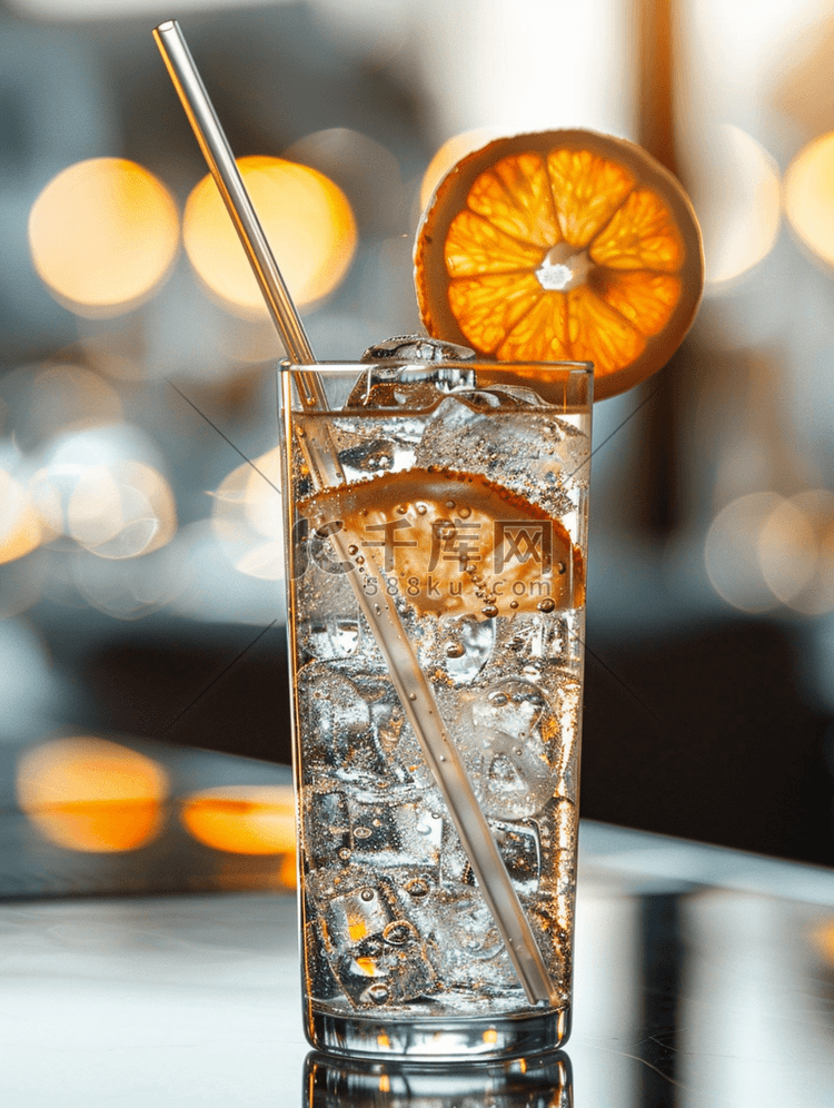 酒吧桌上银杯中加冰和橙子的酒精