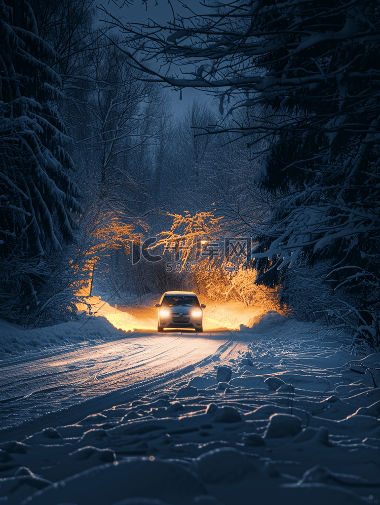 汽车夜间在雪地上行驶在危险的道