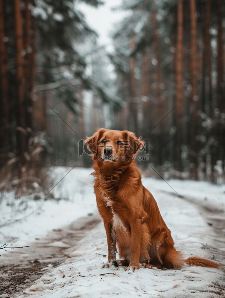 森林冬季道路上被遗弃的狗
