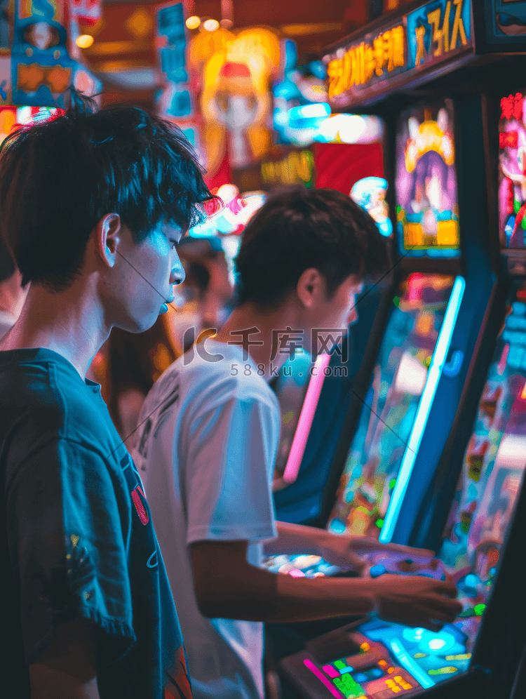 两个亚洲人在射击模拟器游戏街机