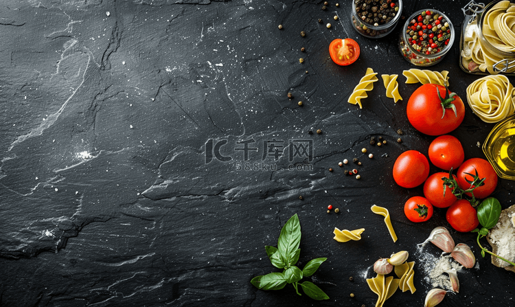 黑色石板背景中的意大利面和烹饪