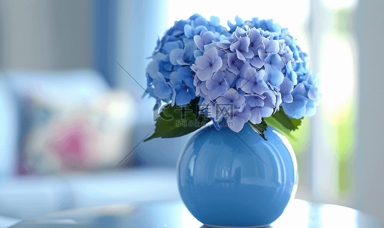 蓝色光泽花瓶与绣球花室内装饰的