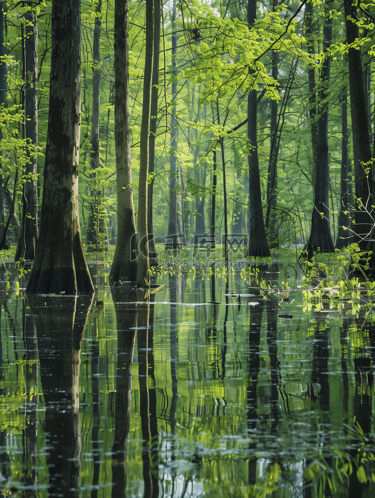 沼泽水中的高大树木森林
