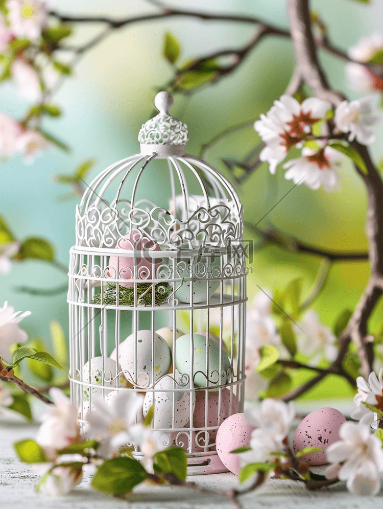 白色装饰鸟笼中的复活节彩蛋户外