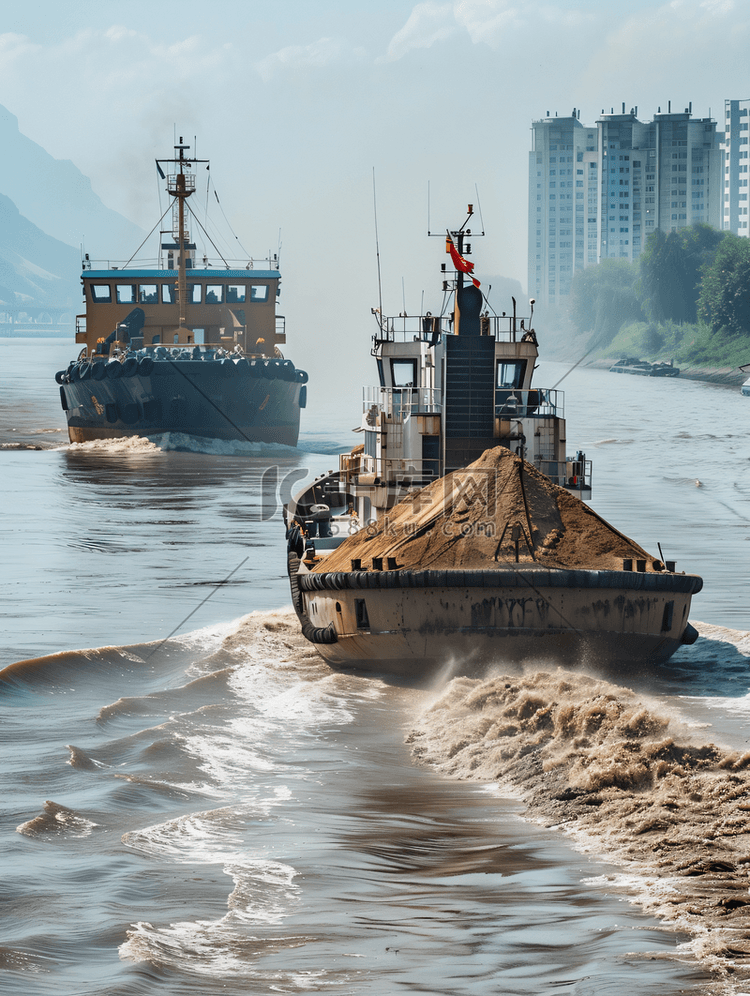 一艘拖船正在大河里拖着装满沙子