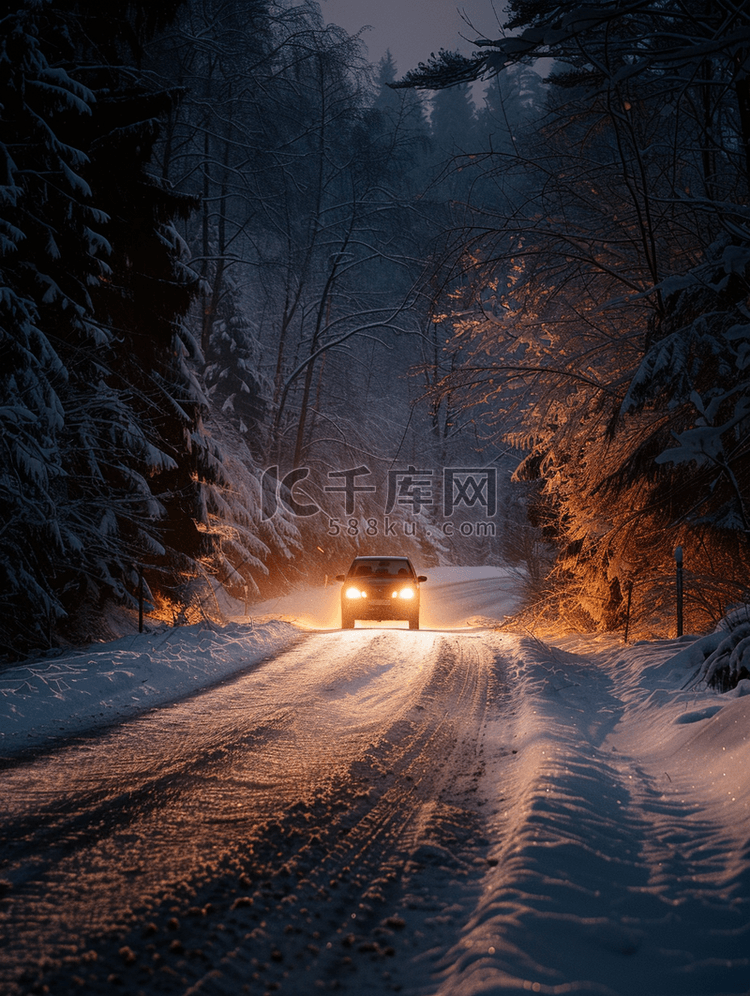 汽车夜间在雪地上行驶在危险的道