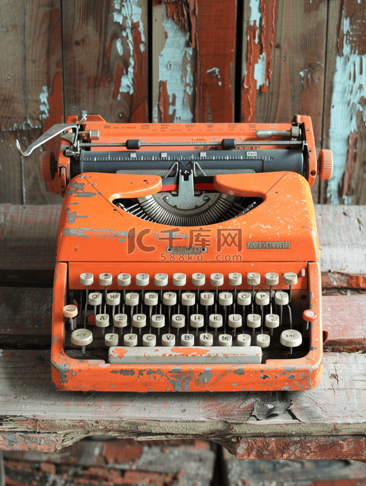 木头上的橙色老式打字机