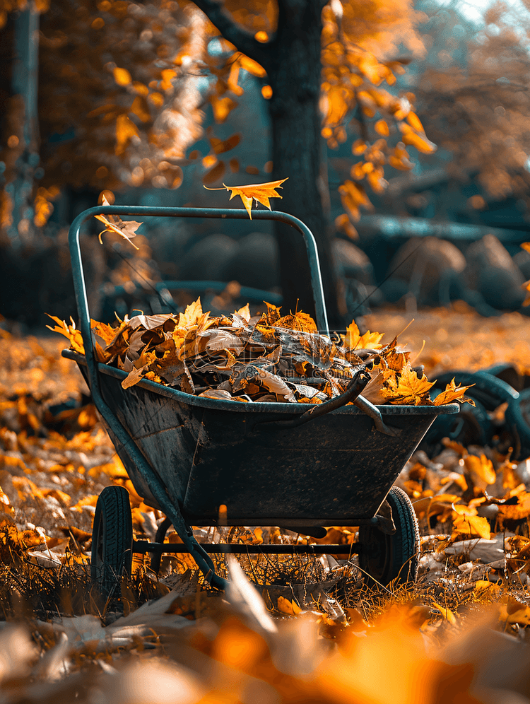 秋天花园里的花园独轮车装满了落