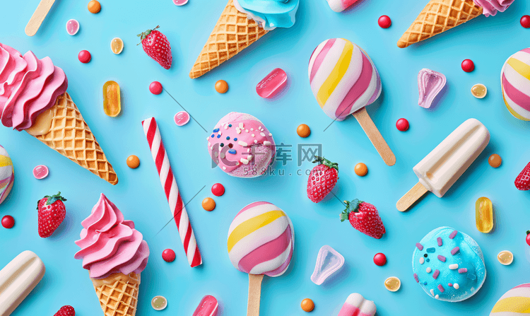 彩色无缝图案配有冰淇淋和条纹糖
