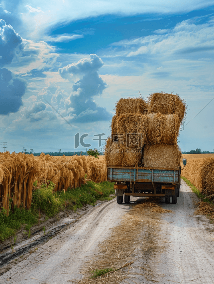 小型农用卡车上装载着大量稻草