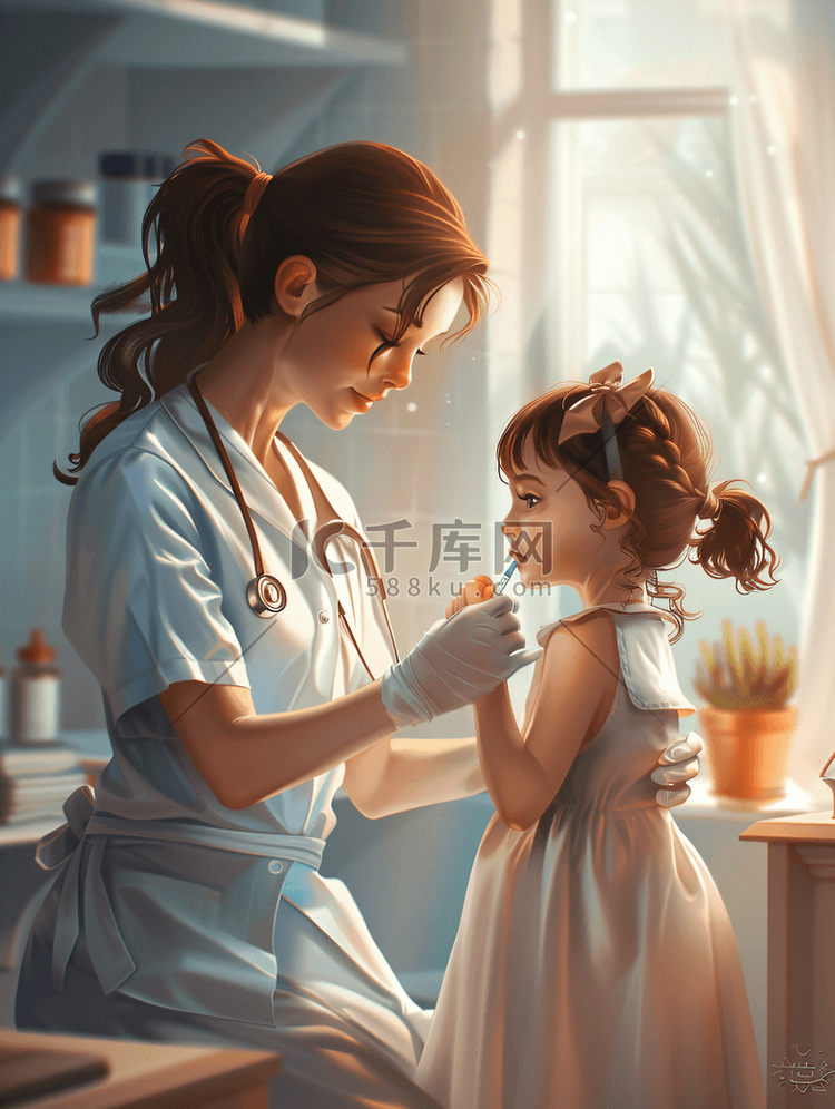 女护士给小女孩扎疫苗