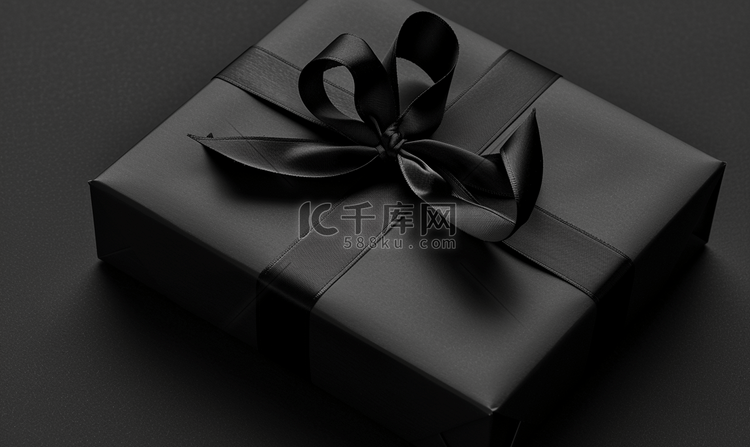 黑色礼品盒带黑色丝带孤立在黑色