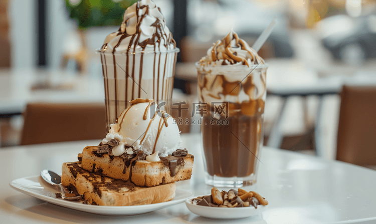 咖啡店白桌上的巧克力吐司冰淇淋