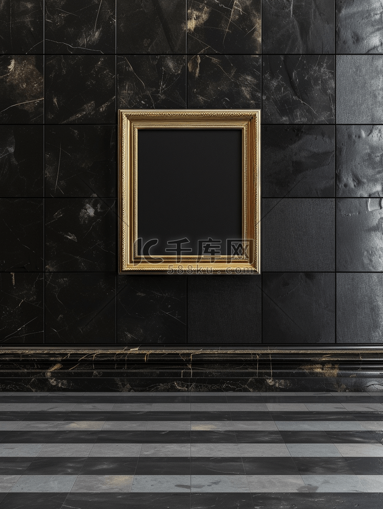 空房间相框与黑色瓷砖墙内部背景