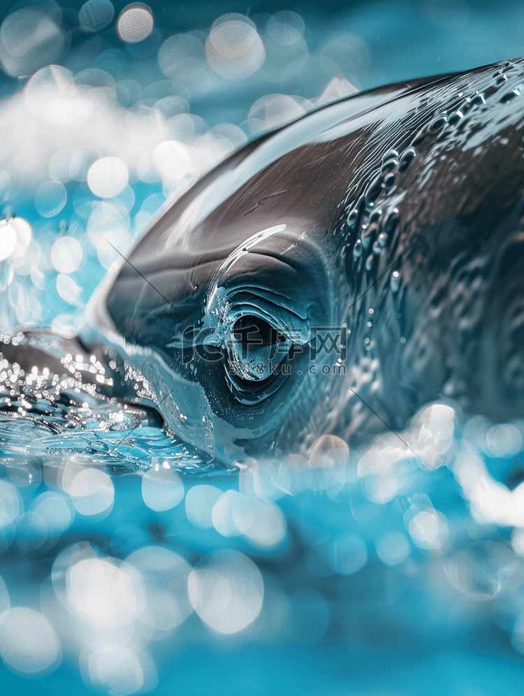 关闭放大海豚黑一只眼睛在池水中