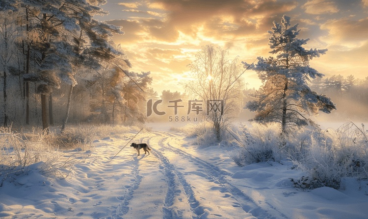 雪覆盖的松树和孤独的狗美丽的冬