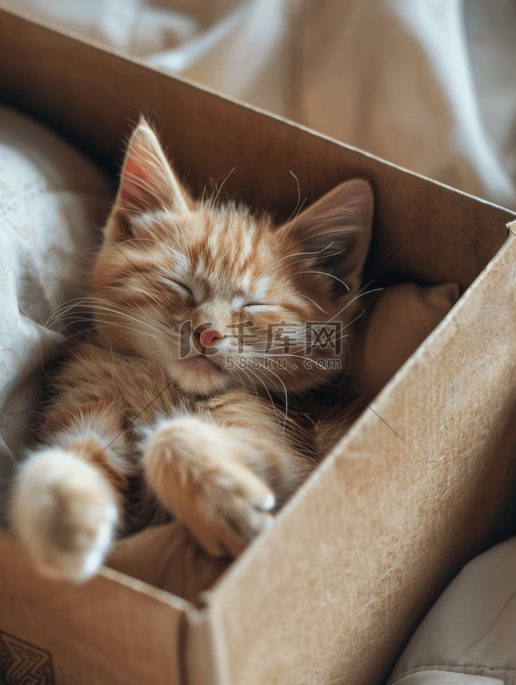 橙色虎斑猫躺在盒子里毛茸茸的宠