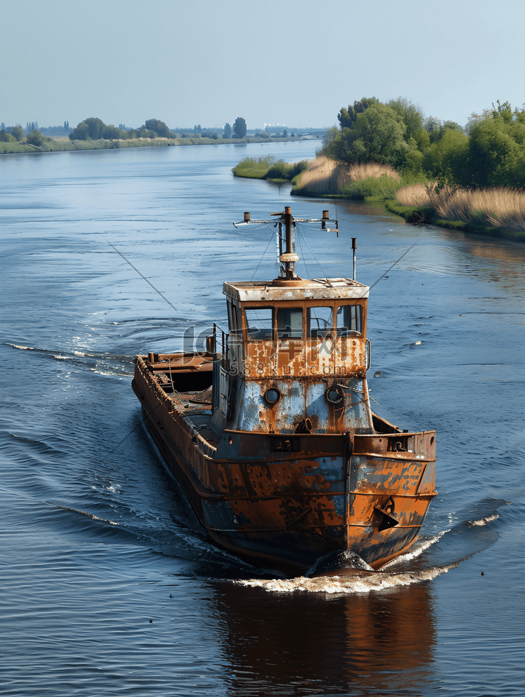 一艘旧河拖船将一艘空的生锈驳船