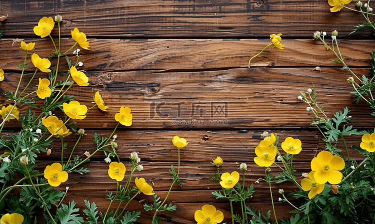 木墙背景上美丽的黄色野生毛茛花