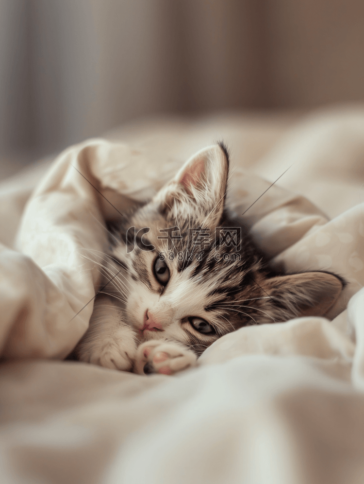 小猫在床上饥饿地哺乳选择性焦点