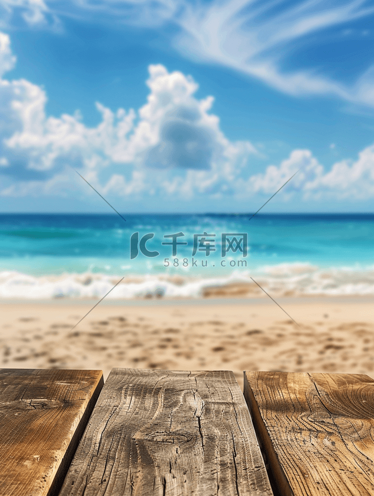 木桌与海滩风景模糊背景