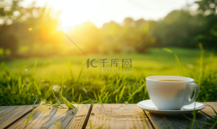 早上木桌上和草地上的热咖啡
