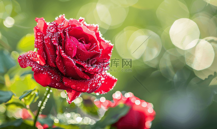 带露珠的新鲜红玫瑰的特写