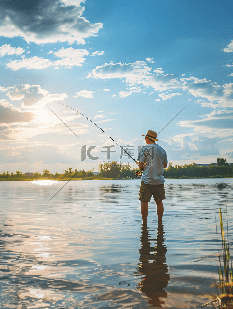 年轻人在湖上用竿钓鱼旅行生活方
