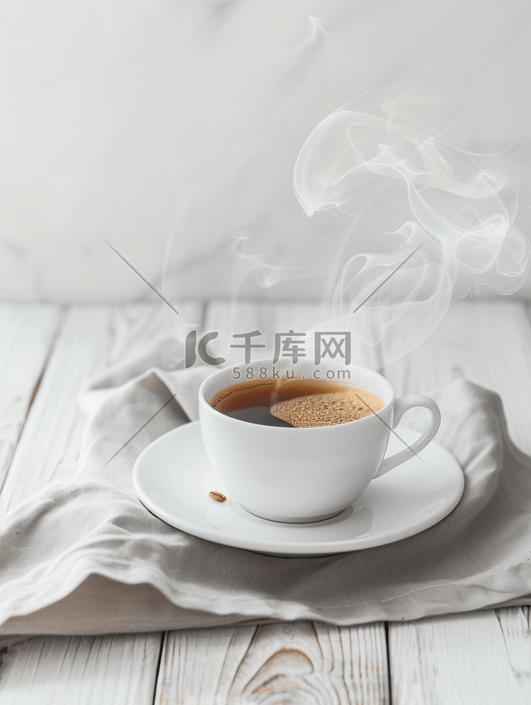 白色逼真的咖啡杯白色木桌上烟雾