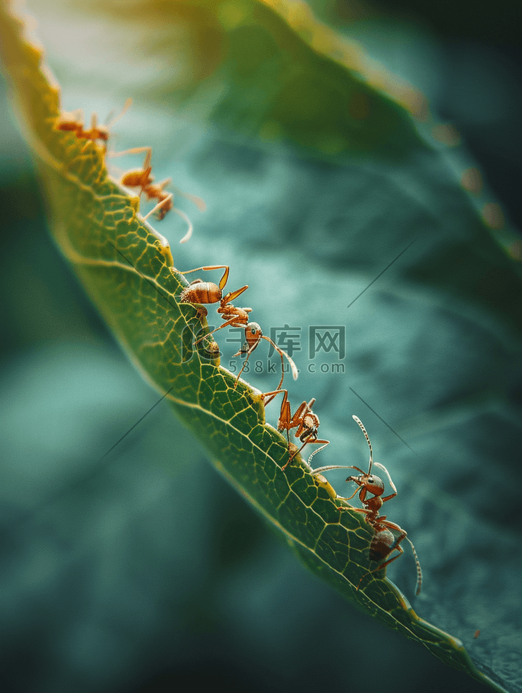 叶子上红蚂蚁的特写镜头