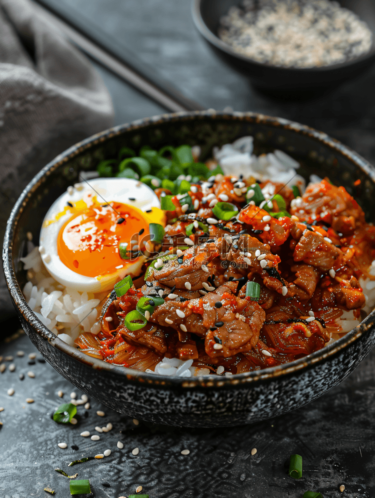 猪肉烤肉饭配泡菜和韩国泡菜