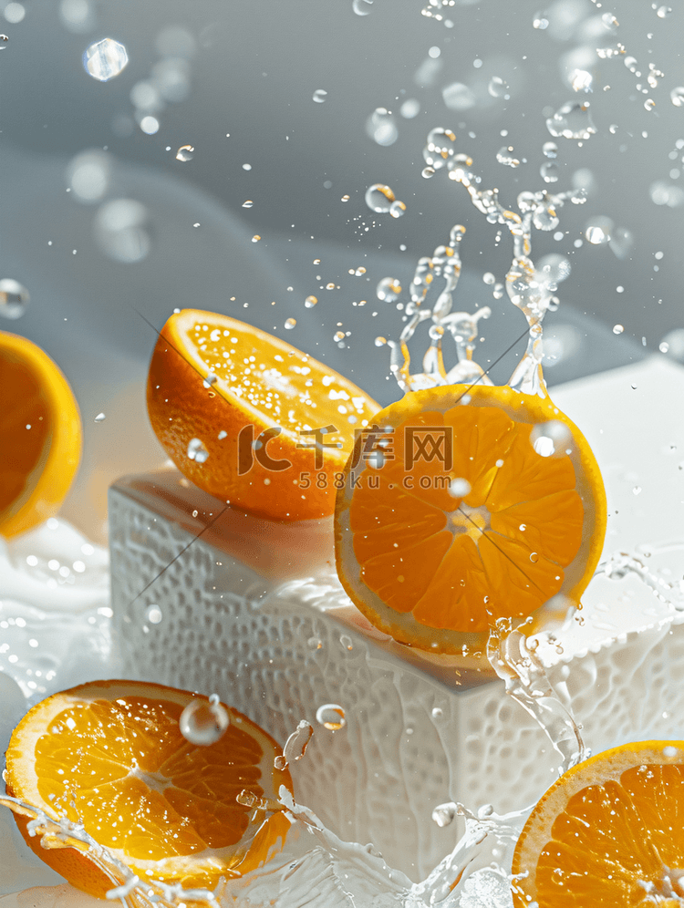 新鲜橙子水果和包装盒有滴水